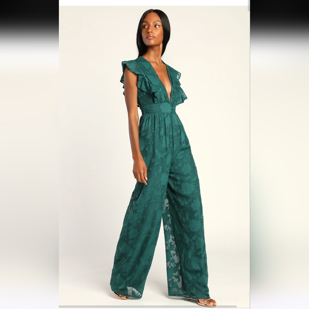 Lulu's Green Jumpsuit with Plunging V-Neck and Tie Belt
